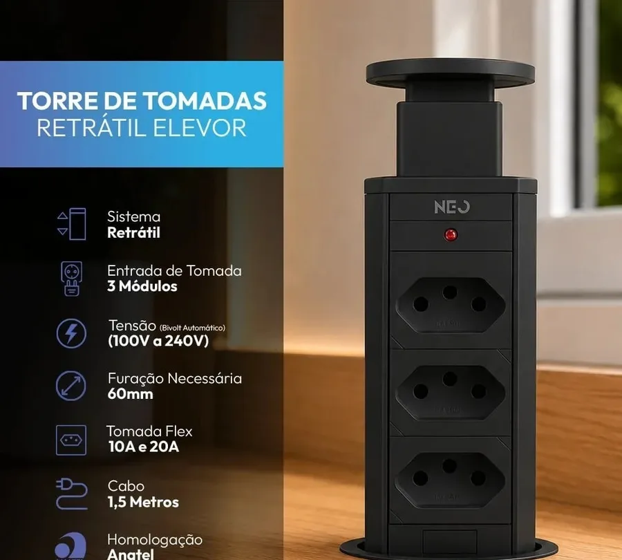 Torre de Tomada Embutir Neo Avant Preta 3 Tomadas Flex 10A 20A Bivolt