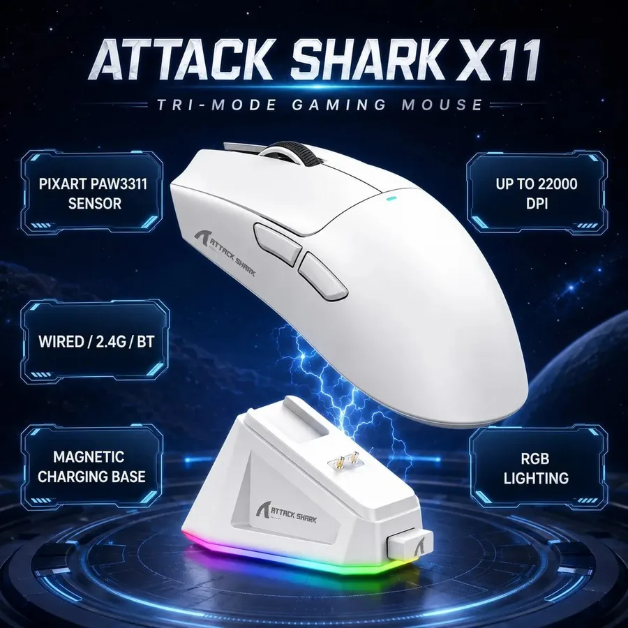 Attack Shark x11 Com Dock Mouse Sem Fio 22000 Dpi Bluetooth Usb PAW3311 3311 se