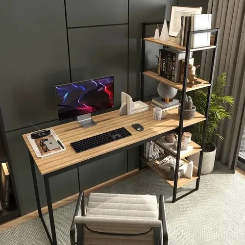 Mesa Escrivaninha Industrial Laminado Com Preto 5 Prateleiras Design Moderno Modelo Para Home Office Mod Athenas Shoop