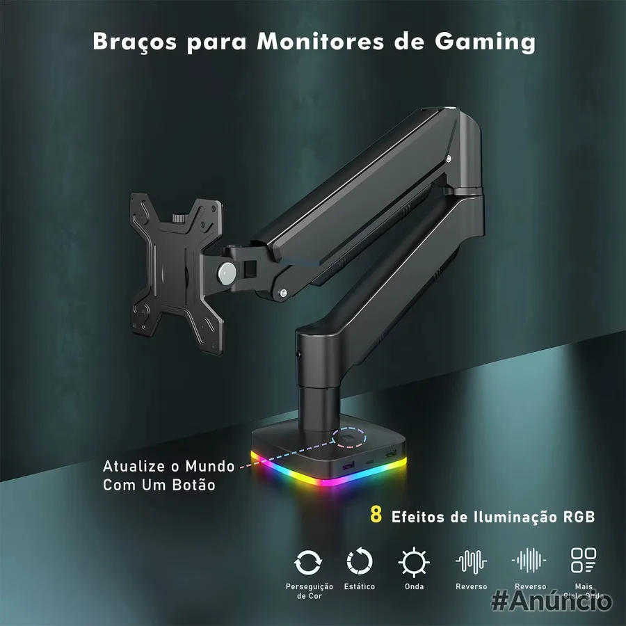 Braço Articulado para Monitor RGB, 8 Efeitos de Iluminação, 17 - 34, com Hub Integrado