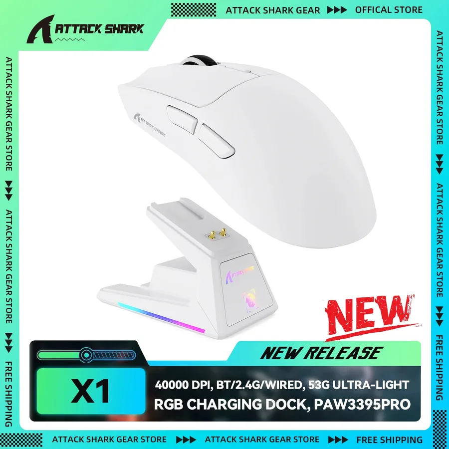 Mouse Gamer Attack Shark x1 Com Dock de Carregamento Touch Screen Trimode, PAW3395PRO, 40000 DPI, 53g ultraleve, BT2.4Gcom fio, paw 3395PRO 3395 Pro