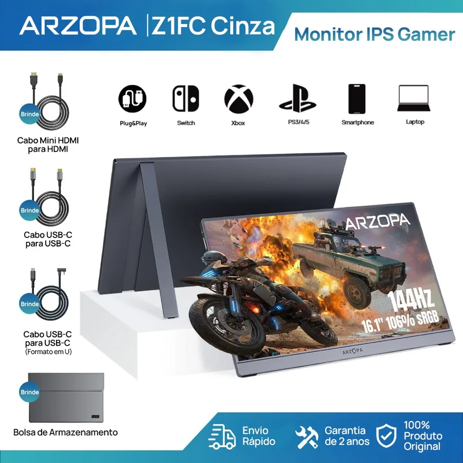 Monitor Gamer Portátil ARZOPA 16.1 1080P, 144Hz, 106 sRGB, HDR, para Mac, PC, Switch e PlayStation