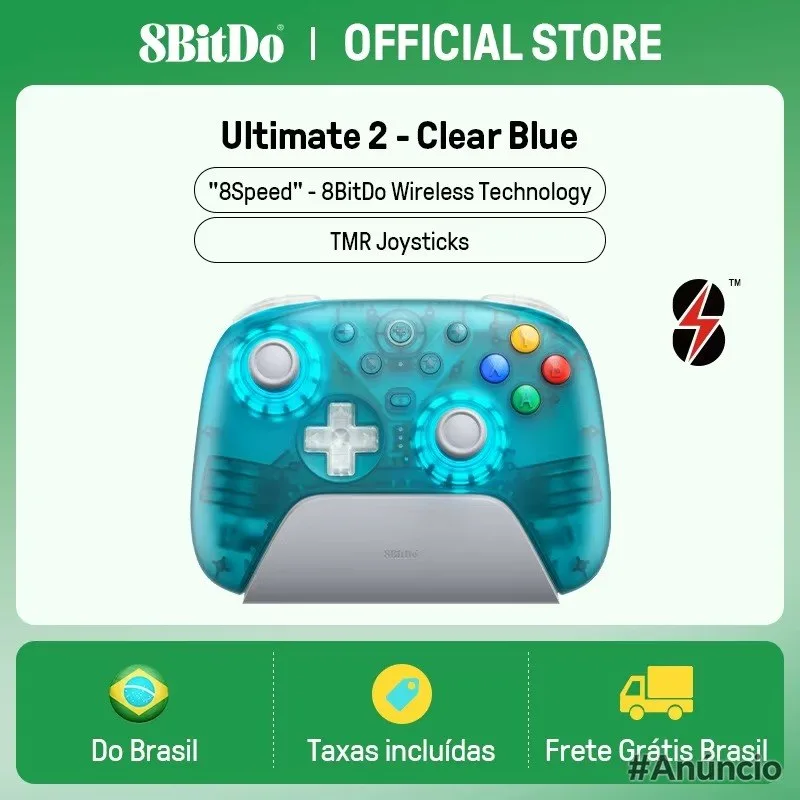 Controle Sem Fio 8BitDo Ultimate 2 Blue para PC e Android com Joysticks TMR, Gatilhos Comutáveis, Controle de Movimento, 8 Velocidades, Azul Transparente com Dock