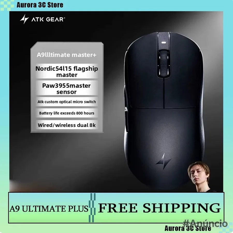 Mouse Atk A9 AirUltimate, Sensor Paw3950, 8000Hz, Nordic 54L15, Switch óptico