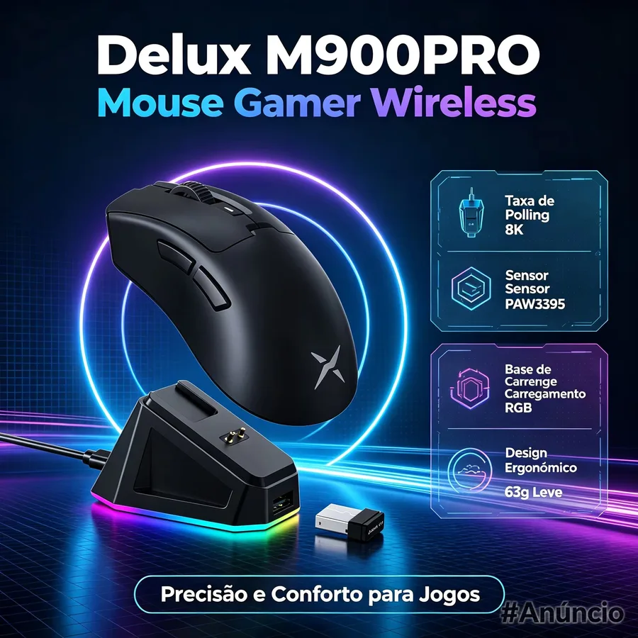 Mouse Delux M900 Pro, PAW3395, 8000hz, Com dock de carregamento preto ou branco