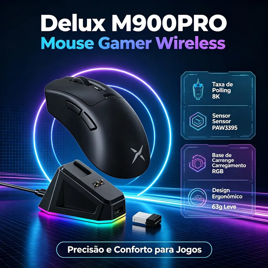Mouse Delux M900 Pro, Paw3395, 8KHz, com Dock de Carregamento