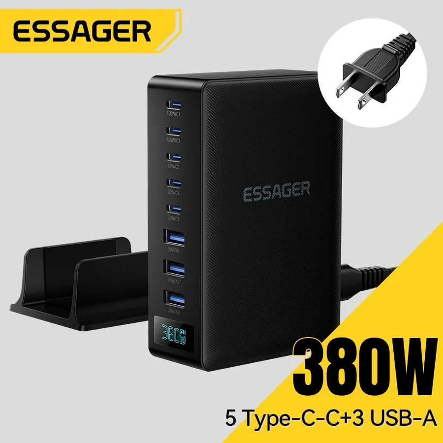 Carregador Essager 380W GaN de Carregamento Rápido, Suporte de Carregamento 8-em-1 para Desktop e Laptop, Compatível com iPhone 171615 Pro Max, MacBook Air, Xiaomi 202192403
