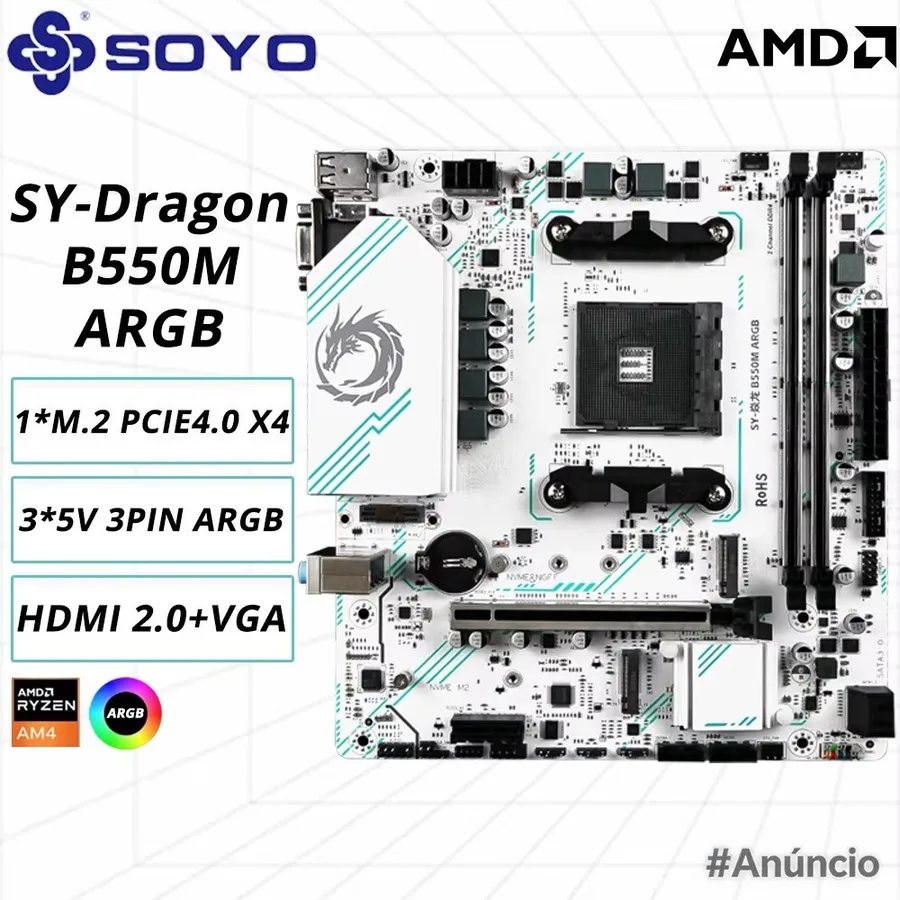 Soyo b550m placa-mãe para jogos micro-atx soquete am4 para ryzen 5000 4000 3000 série cpu canal duplo ddr4 sata3 m.2 mvme 3  argb 7