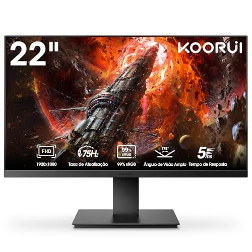 Monitor Koorui 22 FHD 1080p 75Hz Painel VA 99 sRGB Design Slim HDMIVGA Inclinação Ajustável e VESA Preto 22N1