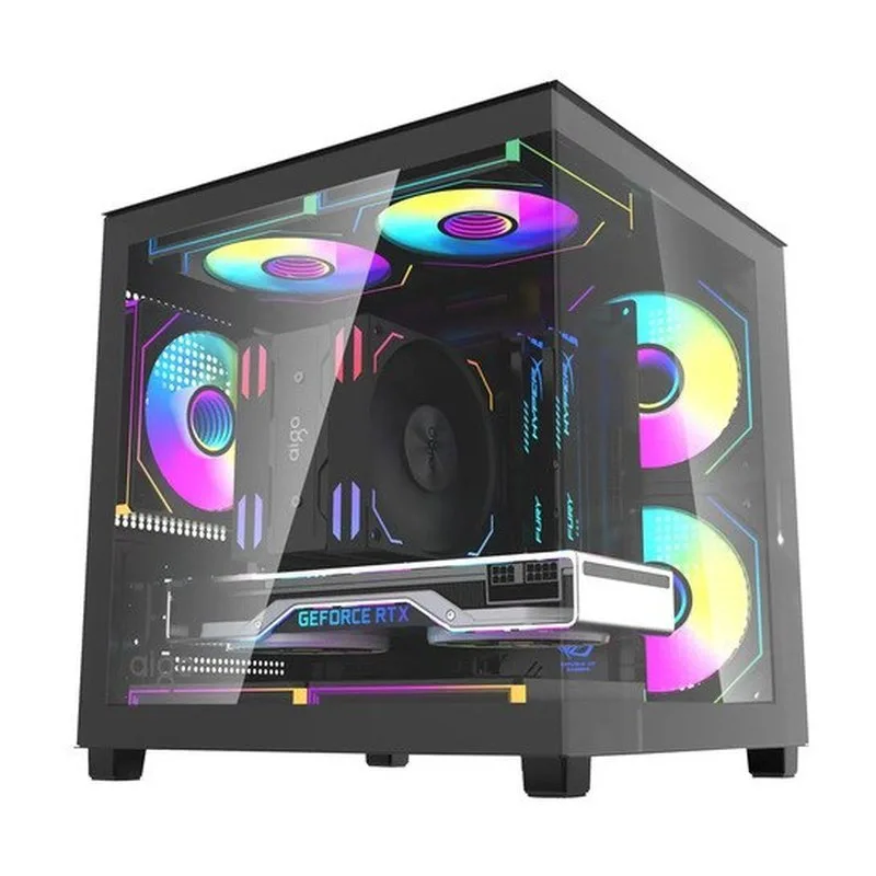 Gabinete Gamer Aigo Luna A275 Preto Mini-Tower com Lateral de Vidro e 3 Fans Rainbow