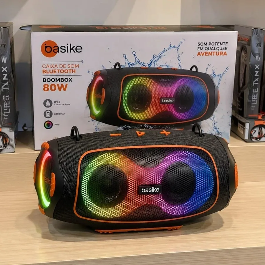 Basike Caixa de Som Portátil Com Bluetooth Boombox 80W 8000Mah 10hrs Sem fio IPX6 À Prova Dágua Com Bateria Recarregavel Luz RGB Hifi TWS Bass Forte Áudio de Alta Qualid Para TV Festa Casa Subwoofer
