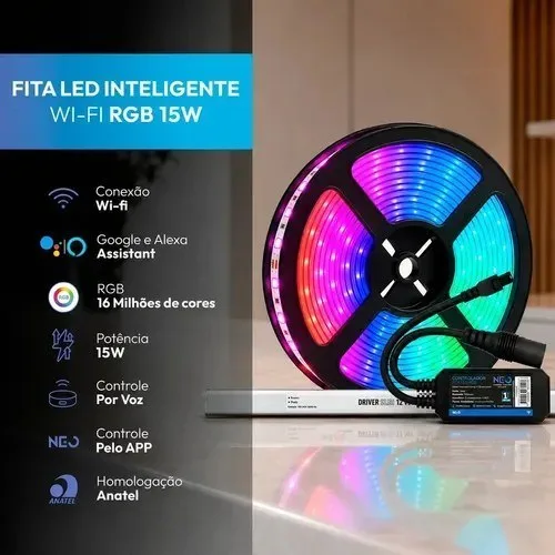 Fita Led Inteligente Wi-fi 2.4 Ghz 15w 5 Metros 2700k6500k Rgb Colorido 12v  Controlador Inteligente  Driver Cod Neo001757-k001 Neo Avant 127220v