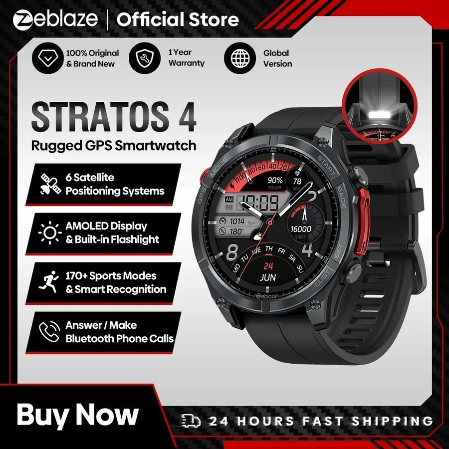 Smartwatch Zeblaze Stratos 4 GPS com Tela AMOLED de 1.43, Bússola Integrada, Altímetro Barométrico, Lanterna, Chamada po