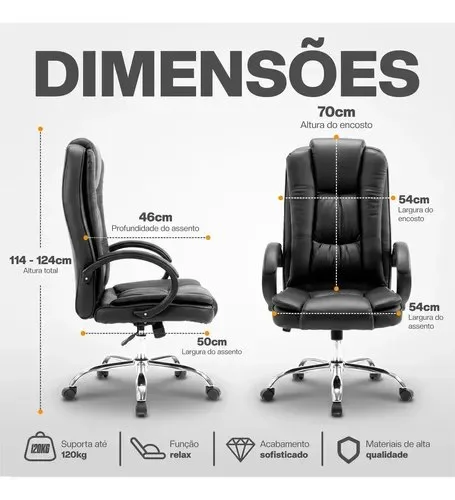 Cadeira escritório presidente ergonômica couro cor preto Led Tools